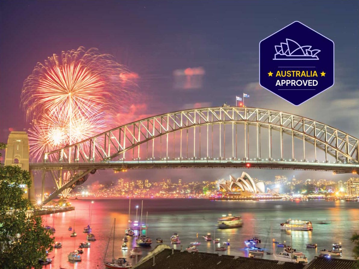An image of Sydney Harbour, with an icon saying 'Australia approved'