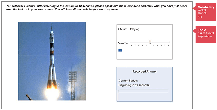 Screenshot of a Re-tell Lecture task showing a rocket launch image. Vocabulary hints alongside the image read: rocket, launch, sky. Topic shown: space travel, exploration. This illustrates how the image can be used to predict lecture content.