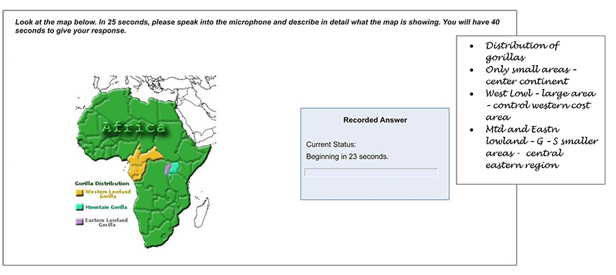 Example PTE Academic describe image task showing a map of Africa with gorilla distribution data. A notes panel beside the map shows handwritten key points broken down into the main idea (distribution of gorillas) and supporting details (subspecies and their regions).