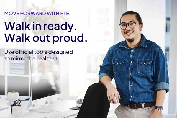 An image of a smiling man by a desk, overlaid with text that says 'Walk in Ready. Walk out proud. Use official prep tools to mirror the real test'