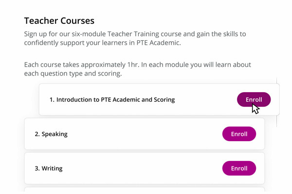 Image showing the interface of an enrolment screen for PTE teacher courses