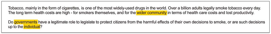 Example of analyze the essay prompt text reading: Tobacco, mainly in the form of cigarettes, is one of the most widely-used drugs in the world. Over a billion adults legally smoke tobacco every day. The long term health costs are high - for smokers themselves, and for the wider community in terms of health care costs and lost productivity. Do governments have a legitimate role to legislate to protect citizens from the harmful effects of their own decisions to smoke, or are such decisions up to the individual?