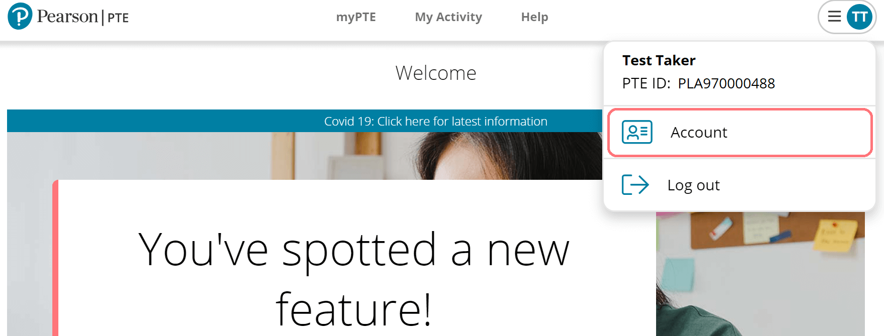 Screenshot showing where you can find your account information in your myPTE account